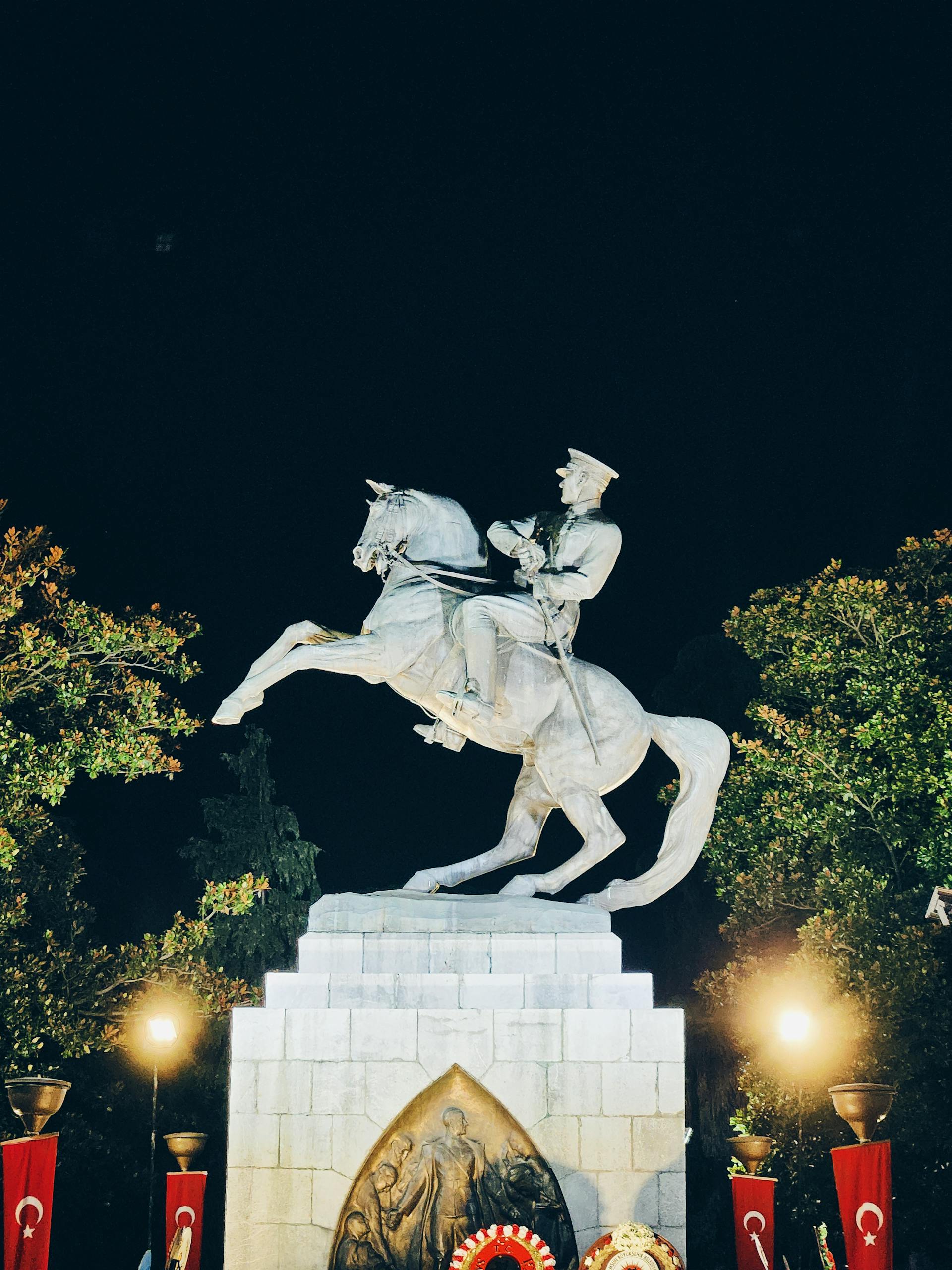Ataturk Monument Illuminated at Night in Samsun, Turkey